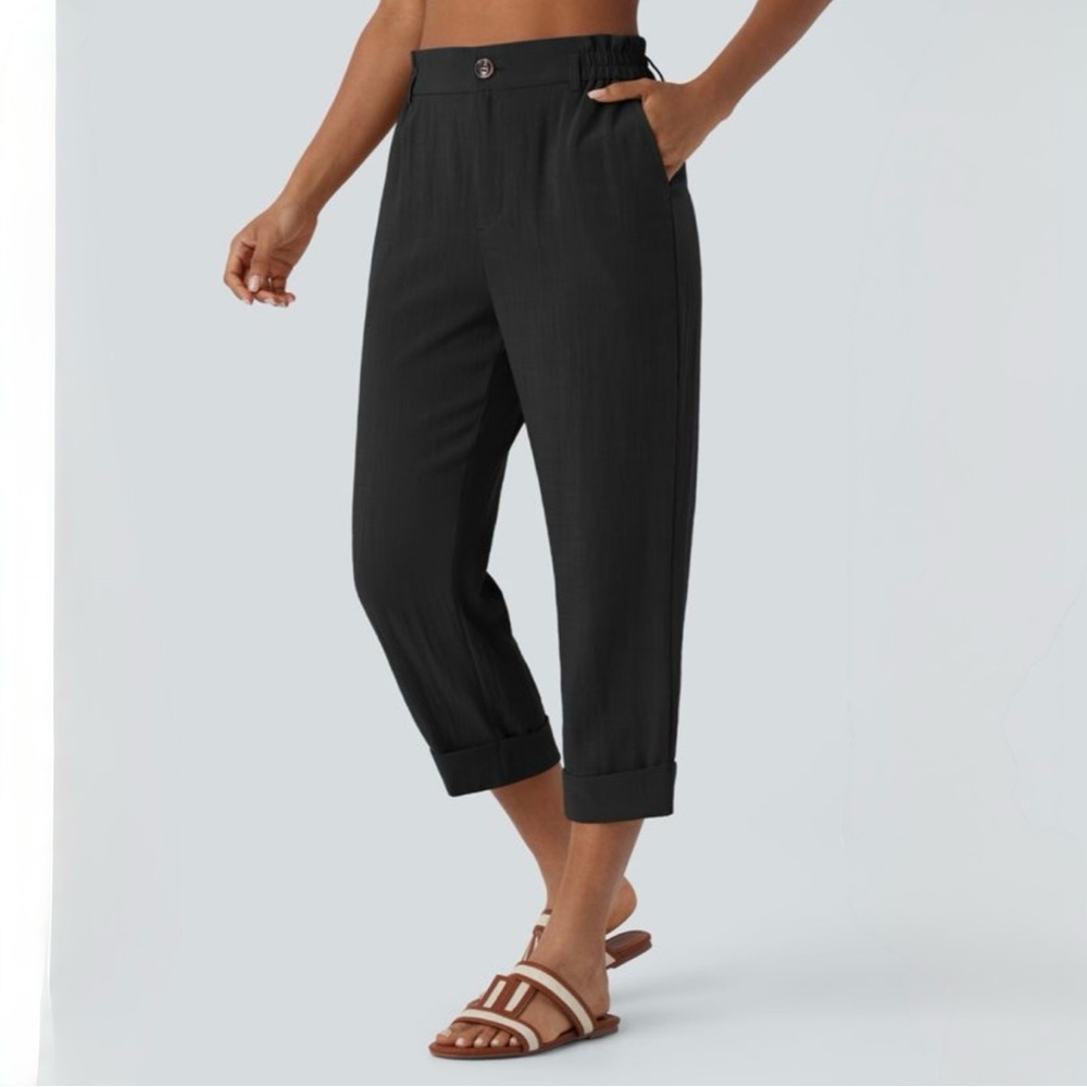 NWT Halara High Waisted Zipper Pocket Capri Linen Feel Pants in Black Size Small